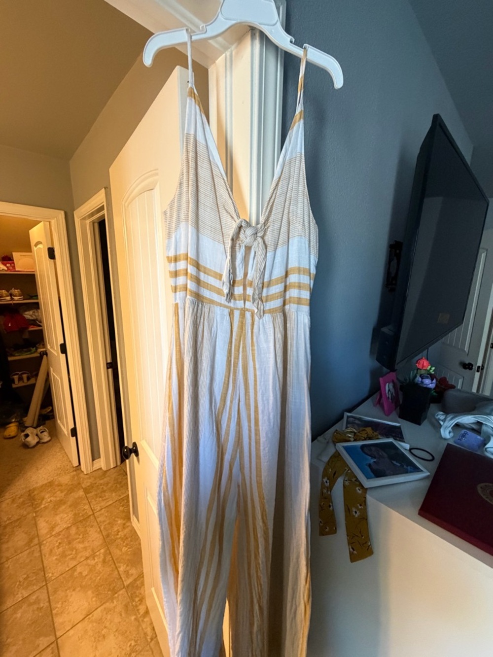 Altar’d State White and Yellow Jumpsuit with Tie Front